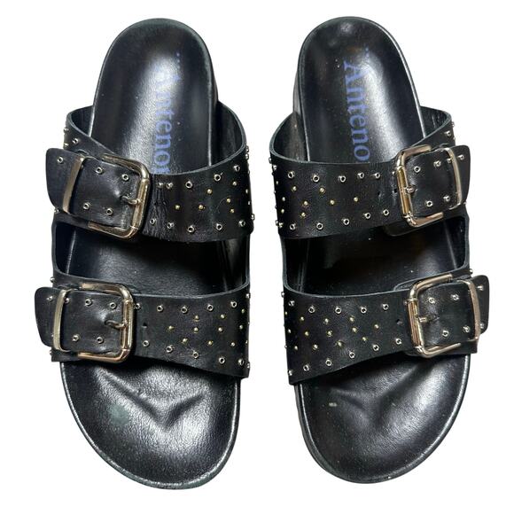 Antenora Black Double Buckle Strap Slide Sandals - Picture 2 of 6